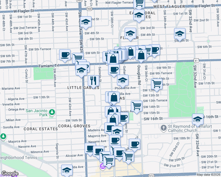map of restaurants, bars, coffee shops, grocery stores, and more near 1107 Ponce de Leon Boulevard in Coral Gables