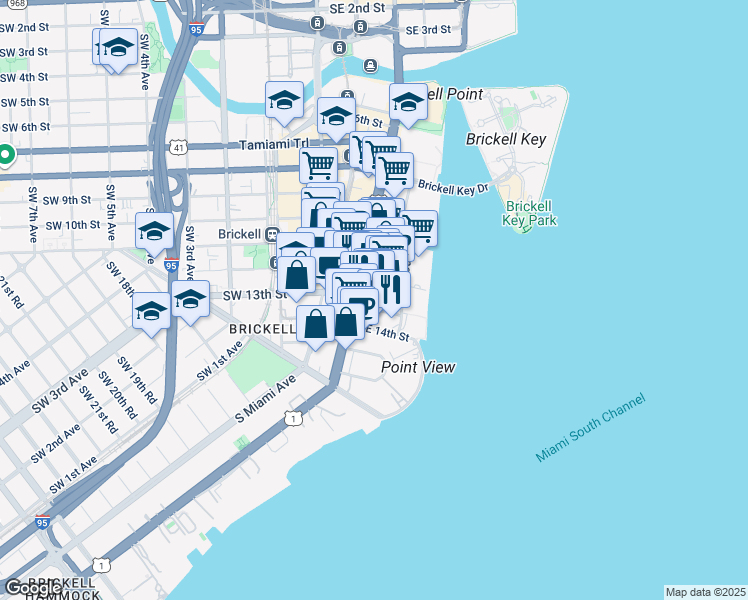 map of restaurants, bars, coffee shops, grocery stores, and more near 1221 Brickell Avenue in Miami