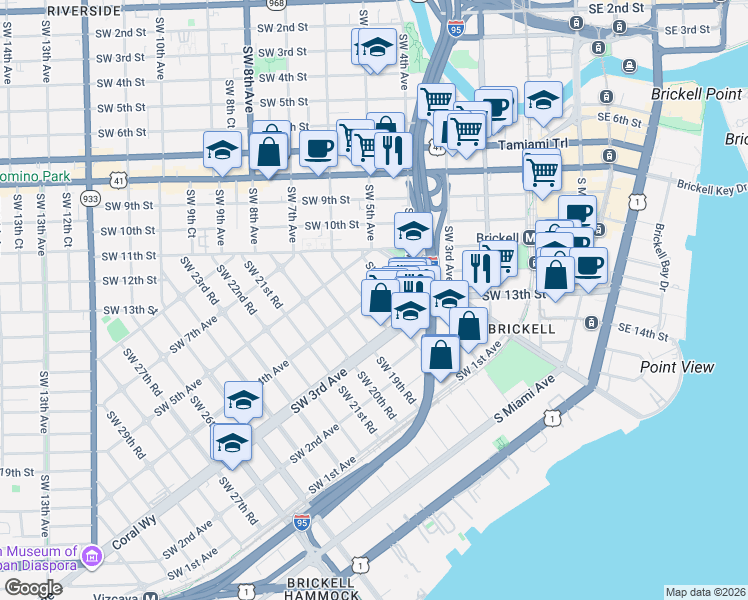 map of restaurants, bars, coffee shops, grocery stores, and more near 351 Southwest 18th Terrace in Miami