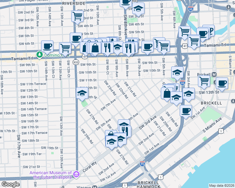 map of restaurants, bars, coffee shops, grocery stores, and more near 2205 Southwest 7th Avenue in Miami