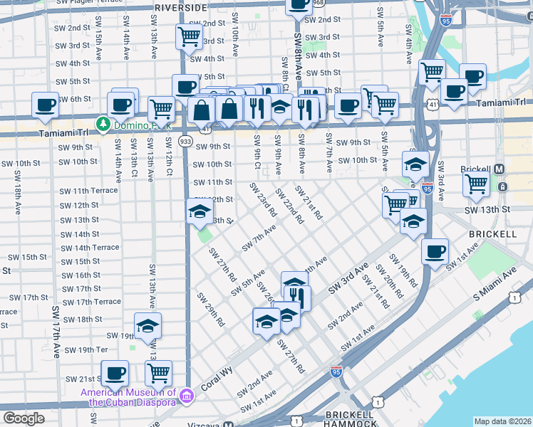 map of restaurants, bars, coffee shops, grocery stores, and more near 720 Southwest 23rd Road in Miami
