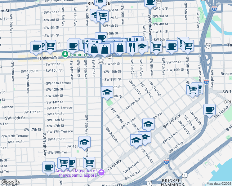 map of restaurants, bars, coffee shops, grocery stores, and more near 1229 Southwest 11th Avenue in Miami