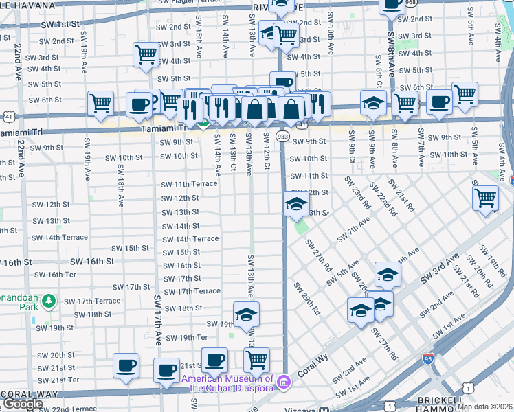 map of restaurants, bars, coffee shops, grocery stores, and more near 1250 Southwest 12th Court in Miami