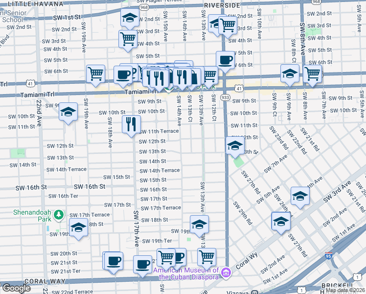 map of restaurants, bars, coffee shops, grocery stores, and more near 1401 Southwest 13th Street in Miami