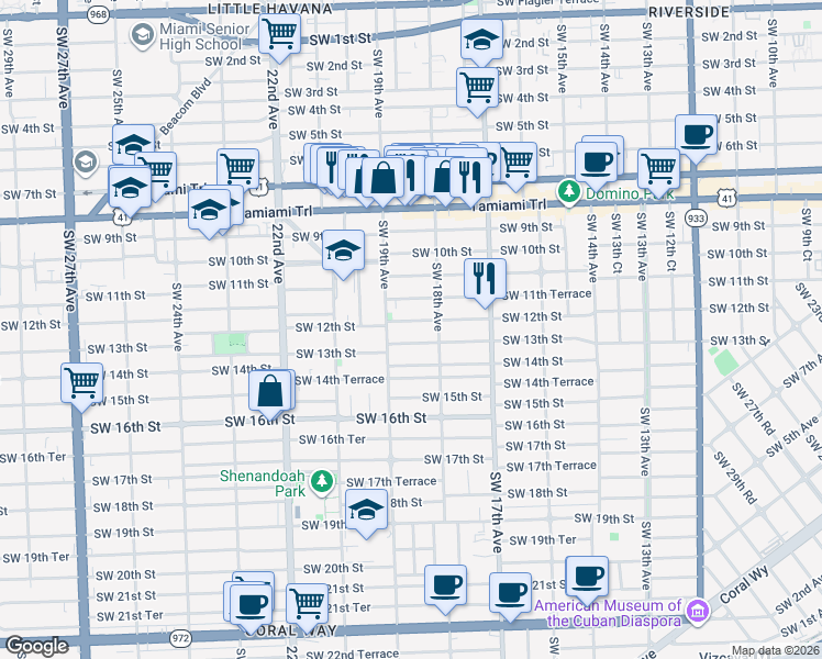 map of restaurants, bars, coffee shops, grocery stores, and more near 1885 Southwest 13th Street in Miami