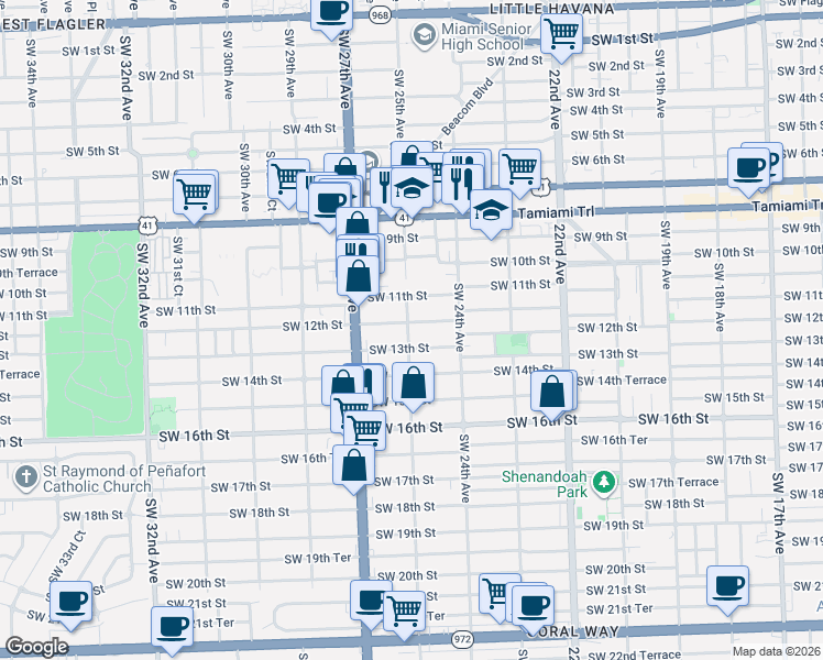 map of restaurants, bars, coffee shops, grocery stores, and more near 2491 Southwest 13th Street in Miami
