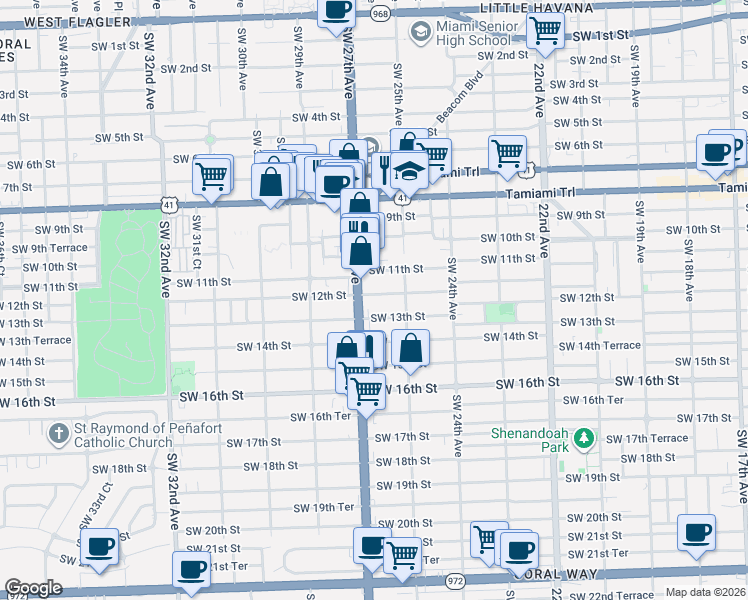map of restaurants, bars, coffee shops, grocery stores, and more near 2615 Southwest 13th Street in Miami