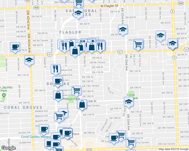 map of restaurants, bars, coffee shops, grocery stores, and more near 1204 Southwest 36th Avenue in Miami