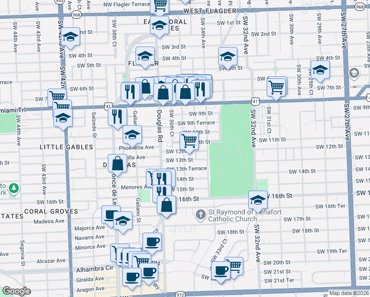 map of restaurants, bars, coffee shops, grocery stores, and more near 1204 Southwest 36th Avenue in Miami