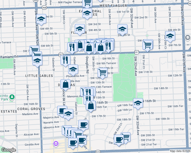 map of restaurants, bars, coffee shops, grocery stores, and more near 1204 Southwest 36th Avenue in Miami