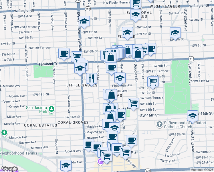 map of restaurants, bars, coffee shops, grocery stores, and more near 1107 Ponce de Leon Boulevard in Coral Gables