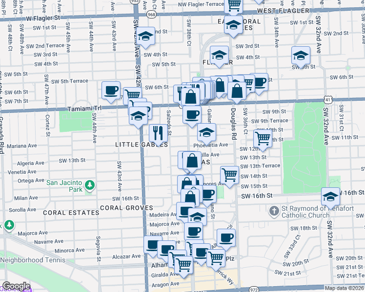 map of restaurants, bars, coffee shops, grocery stores, and more near 1107 Ponce de Leon Boulevard in Coral Gables