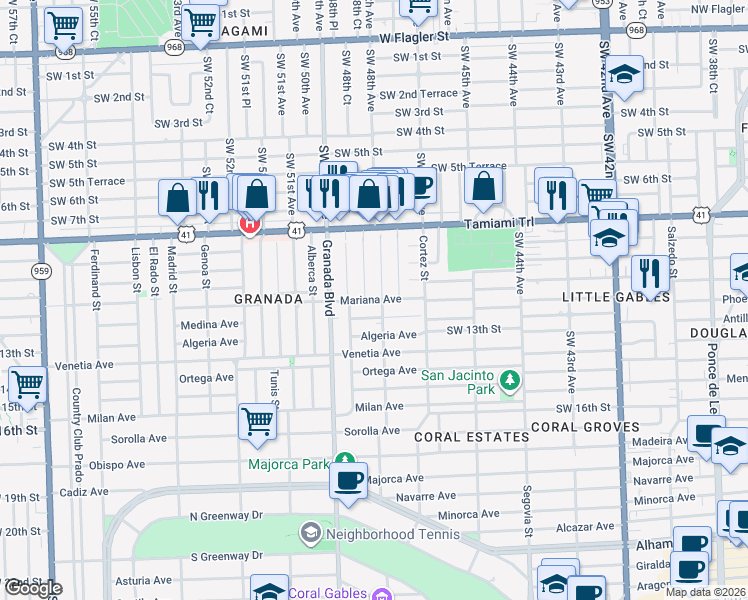 map of restaurants, bars, coffee shops, grocery stores, and more near 916 Mariana Avenue in Coral Gables