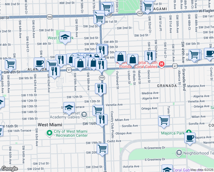 map of restaurants, bars, coffee shops, grocery stores, and more near 1559 San Benito Avenue in Coral Gables