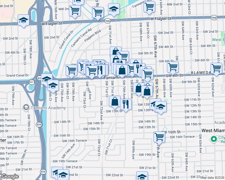 map of restaurants, bars, coffee shops, grocery stores, and more near 943 Southwest 71st Avenue in Miami