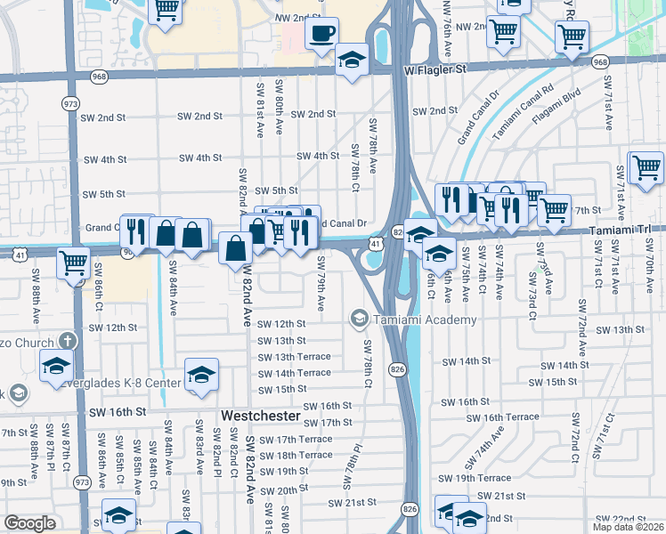 map of restaurants, bars, coffee shops, grocery stores, and more near Southwest 9th Terrace in Miami