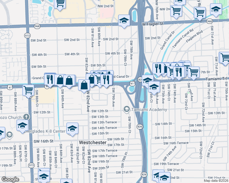 map of restaurants, bars, coffee shops, grocery stores, and more near Southwest 9th Terrace in Miami
