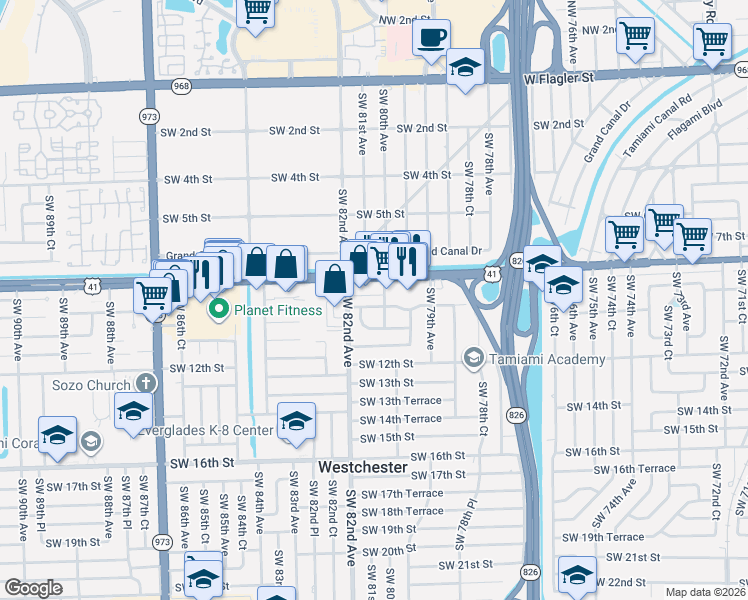 map of restaurants, bars, coffee shops, grocery stores, and more near 8033 Southwest 9th Terrace in Miami