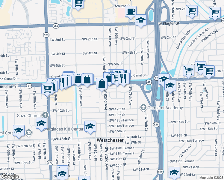 map of restaurants, bars, coffee shops, grocery stores, and more near 8033 Southwest 9th Terrace in Miami