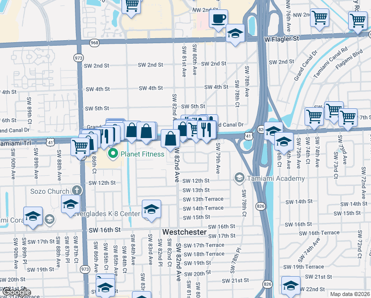 map of restaurants, bars, coffee shops, grocery stores, and more near 8033 Southwest 9th Terrace in Miami