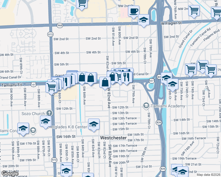 map of restaurants, bars, coffee shops, grocery stores, and more near 923 Southwest 82nd Avenue in Miami