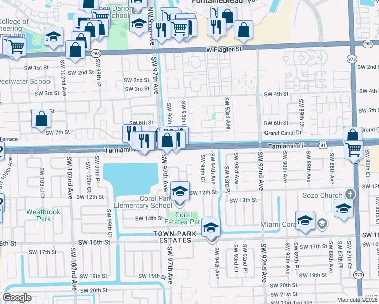 map of restaurants, bars, coffee shops, grocery stores, and more near 9520 Southwest 8th Street in Miami