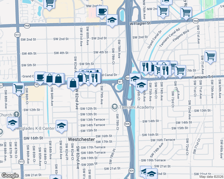map of restaurants, bars, coffee shops, grocery stores, and more near 930 Southwest 78th Place in Miami