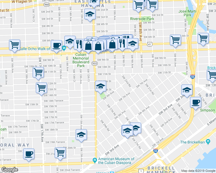 map of restaurants, bars, coffee shops, grocery stores, and more near 1229 Southwest 11th Avenue in Miami