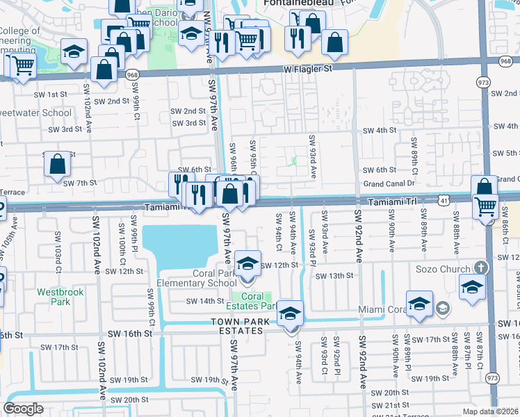 map of restaurants, bars, coffee shops, grocery stores, and more near 9520 Southwest 8th Street in Miami