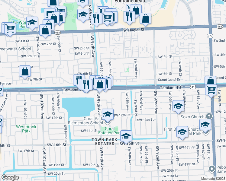 map of restaurants, bars, coffee shops, grocery stores, and more near 9520 Southwest 8th Street in Miami