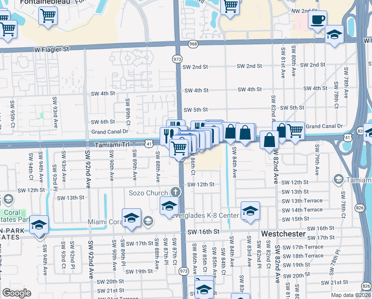 map of restaurants, bars, coffee shops, grocery stores, and more near 931 Southwest 87th Avenue in Miami