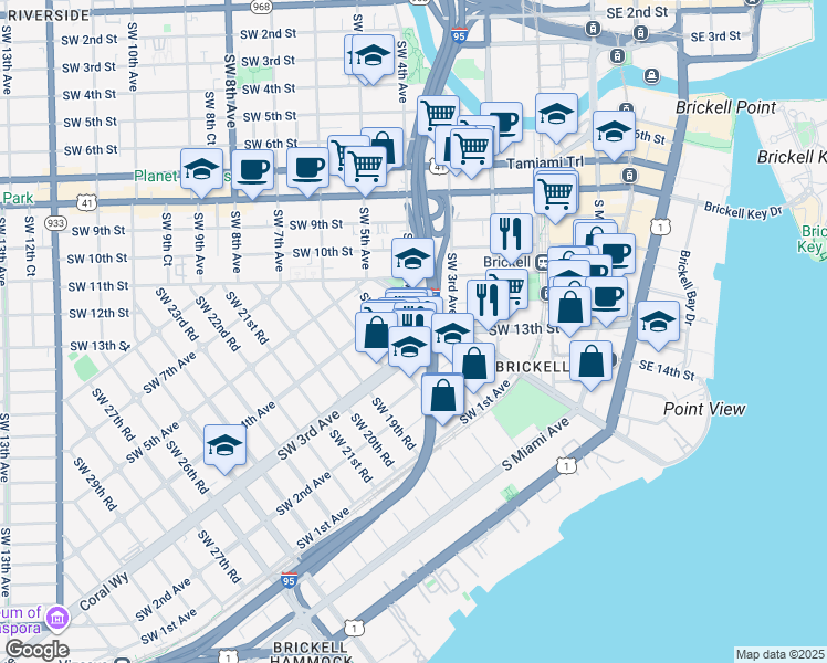 map of restaurants, bars, coffee shops, grocery stores, and more near 1752 Southwest 3rd Avenue in Miami