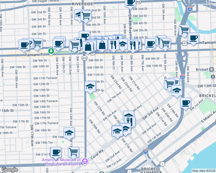 map of restaurants, bars, coffee shops, grocery stores, and more near 2450 Southwest 9th Avenue in Miami