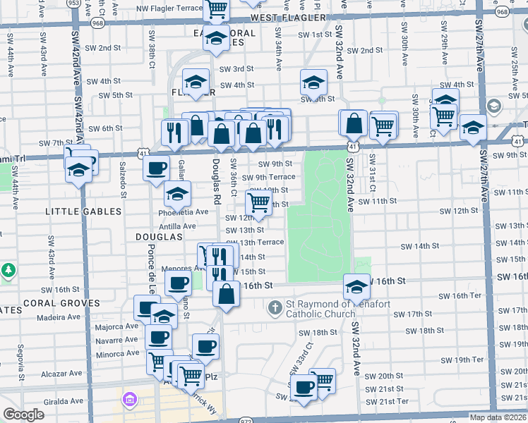 map of restaurants, bars, coffee shops, grocery stores, and more near 3434 Southwest 12th Street in Miami