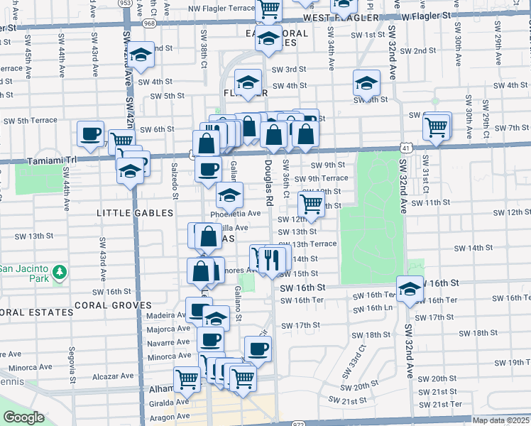 map of restaurants, bars, coffee shops, grocery stores, and more near 24 Phoenetia Avenue in Coral Gables