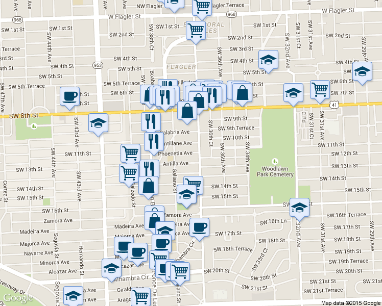 map of restaurants, bars, coffee shops, grocery stores, and more near 24 Phoenetia Avenue in Coral Gables
