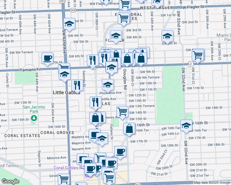 map of restaurants, bars, coffee shops, grocery stores, and more near 24 Phoenetia Avenue in Coral Gables