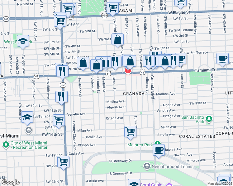 map of restaurants, bars, coffee shops, grocery stores, and more near 1220 Mariana Avenue in Coral Gables