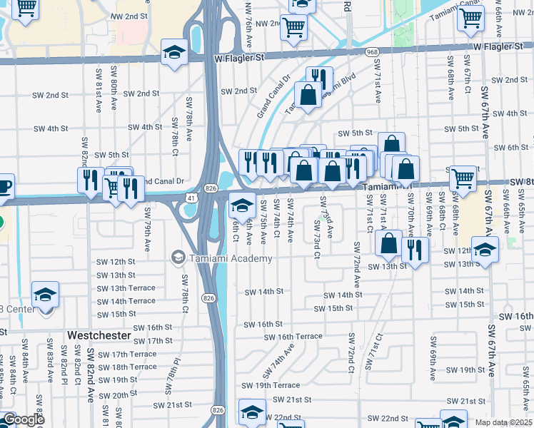 map of restaurants, bars, coffee shops, grocery stores, and more near 934 Southwest 75th Avenue in Miami