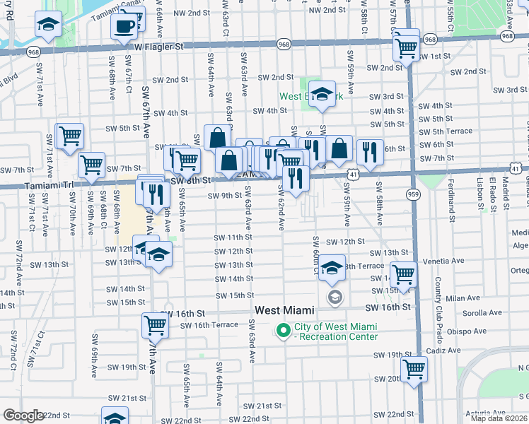 map of restaurants, bars, coffee shops, grocery stores, and more near 6227 Southwest 10th Terrace in West Miami