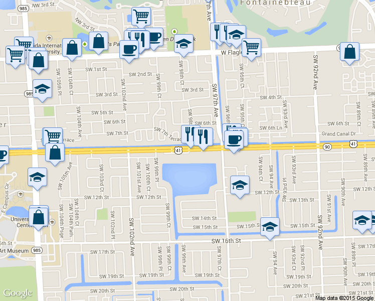 map of restaurants, bars, coffee shops, grocery stores, and more near 9850 Southwest 8th Street in Miami