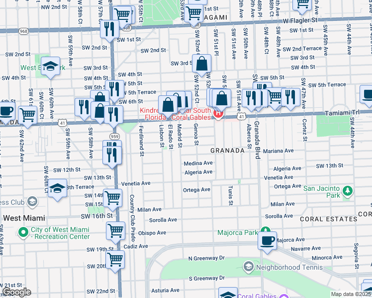 map of restaurants, bars, coffee shops, grocery stores, and more near 1252 Mariana Avenue in Coral Gables