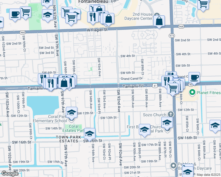 map of restaurants, bars, coffee shops, grocery stores, and more near 9274 Southwest 8th Terrace in Miami