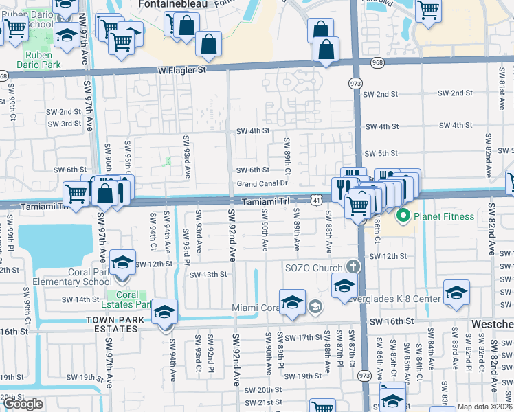 map of restaurants, bars, coffee shops, grocery stores, and more near 9032 Southwest 8th Terrace in Miami