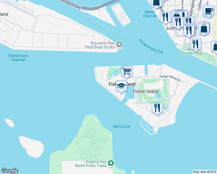 map of restaurants, bars, coffee shops, grocery stores, and more near 13 Fisher Island Drive in Miami