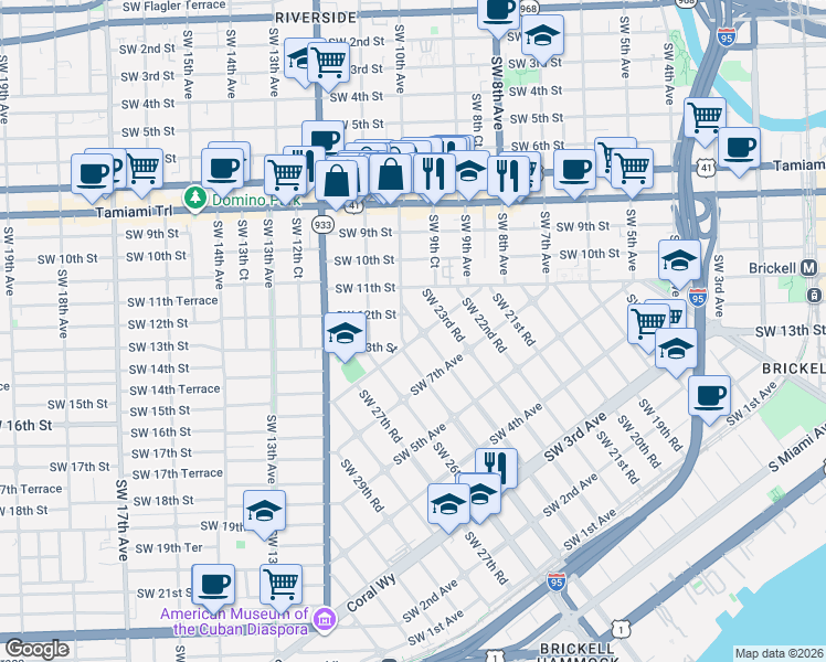 map of restaurants, bars, coffee shops, grocery stores, and more near 2450 Southwest 9th Avenue in Miami