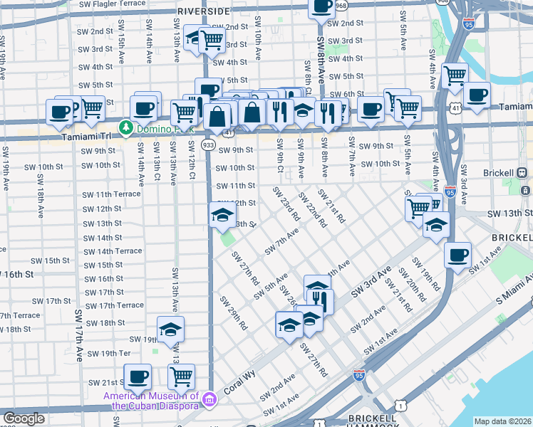 map of restaurants, bars, coffee shops, grocery stores, and more near 2450 Southwest 9th Avenue in Miami