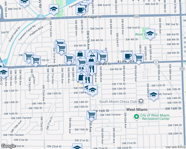 map of restaurants, bars, coffee shops, grocery stores, and more near 1015 Southwest 66th Avenue in Miami