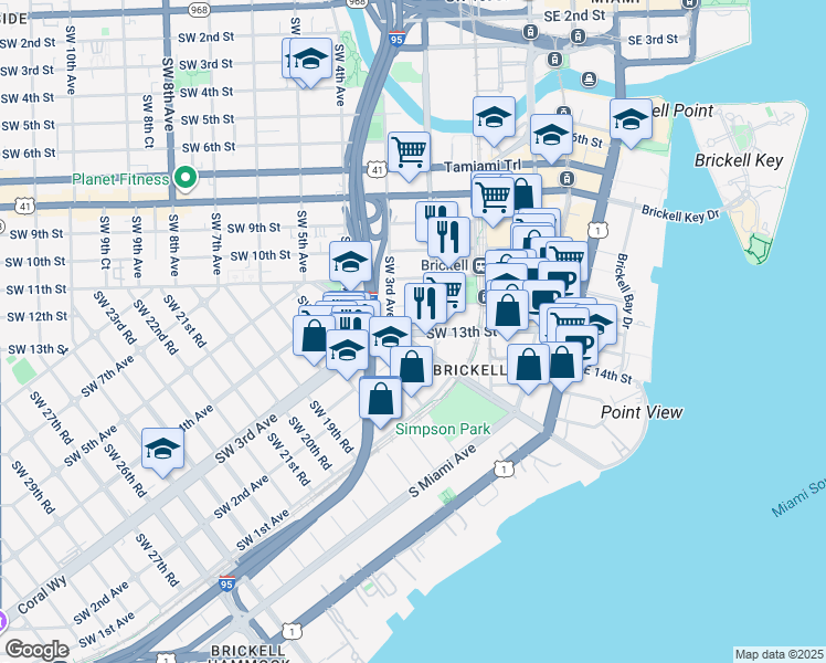 map of restaurants, bars, coffee shops, grocery stores, and more near 200 Southwest 13th Street in Miami