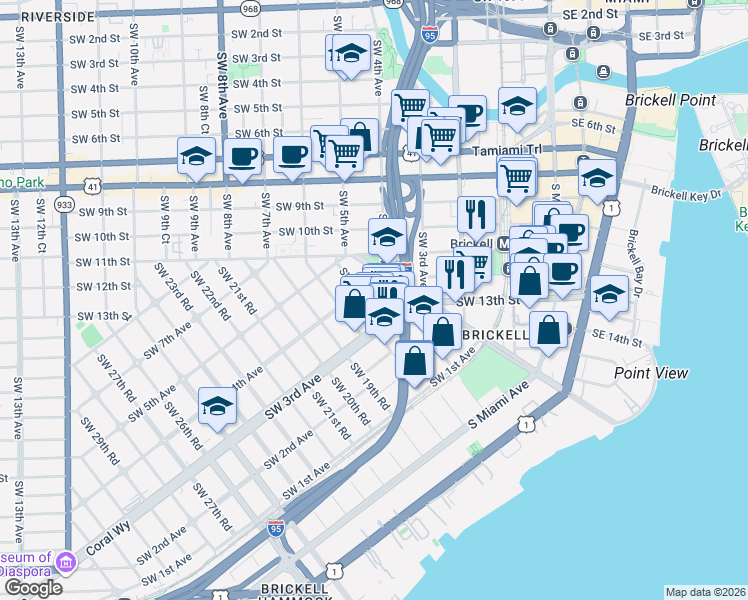 map of restaurants, bars, coffee shops, grocery stores, and more near 1752 Southwest 3rd Avenue in Miami